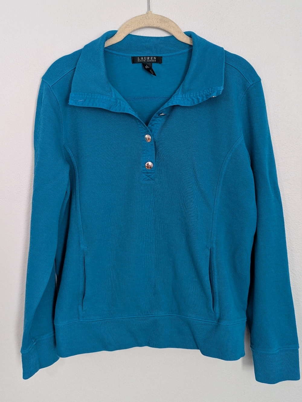 Lauren Ralph Lauren Polo Mock Neck Sweatshirt Pullover Button Teal Large L